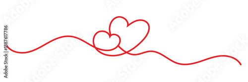 Two love hearts ribbon calligraphy line decoration. Elegant continuous line drawing of  intertwined hearts, symbolizing love, connection, unity, and romantic relationships on a clean white background.