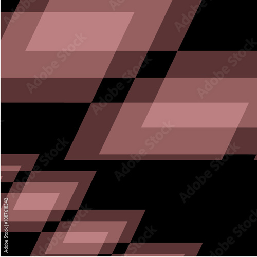 Abstract geometric pattern with overlapping translucent reddish-brown parallelogram shapes on a dark black background, creating a dynamic and layered visual effect.