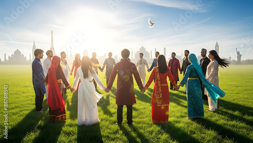 Group of People Holding Hands in Circle in Green Field at Sunrise