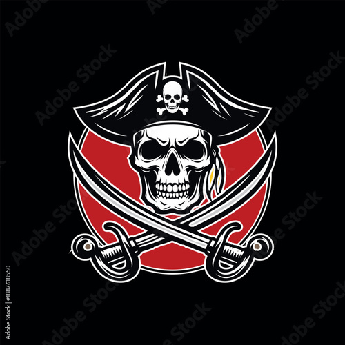 Pirate Skull Emblem Flat Vector Illustration Logo