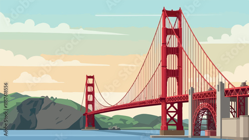 Illustration of the Golden Gate Bridge in San Francisco with a scenic view of the bay and hills under a partly cloudy sky.
