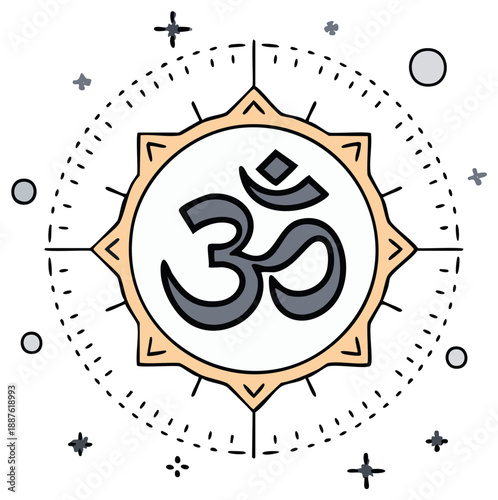 Sacred Om symbol representing Hinduism and Buddhism surrounded by a spiritual starburst and celestial dots