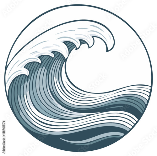 Stylized Ocean Wave Illustration in a Circle
