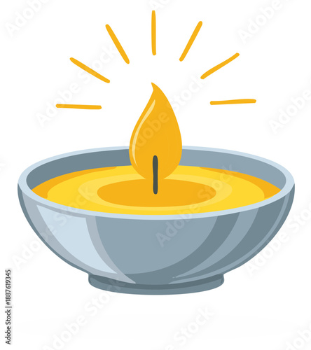 Glowing diya lamp with warm light in a decorative bowl illuminating a space