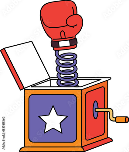 Colorful jack in the box toy with a red boxing glove on a spring popping out of a star box.