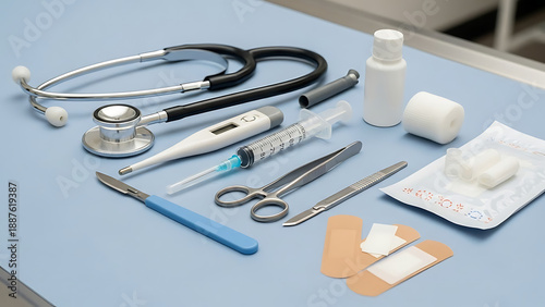 Medical Tools and Supplies Arrangement on Clinic Table