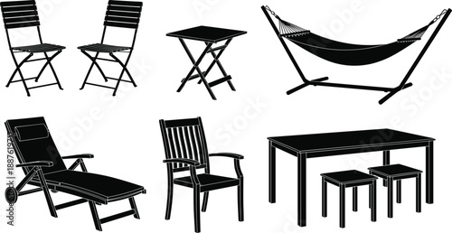 Outdoor furniture collection featuring garden chairs, folding table, hammock stand, sun lounger, patio dining set