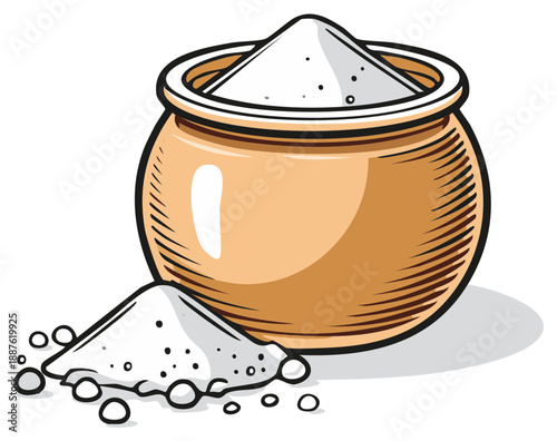 Clay pot overflowing with white granular powder and a small pile beside it