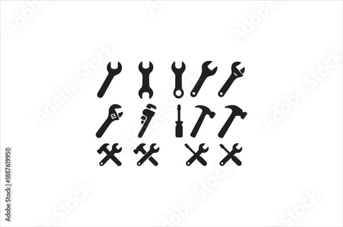 Collection of black silhouette tools including wrenches screwdrivers and a hammer
