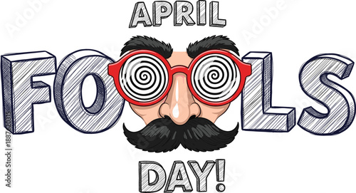 Funny April Fool's Day disguise glasses with fake nose and mustache icon, playful prank symbol for April 1st holiday celebration vector on white background.