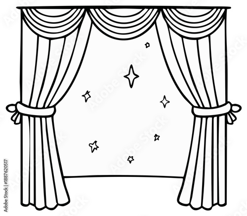 Drawn stage curtains parted revealing a starry night sky with twinkling stars illustration