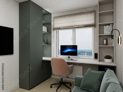Photos Modern compact home office with a window desk, soft neutral palette, green built
