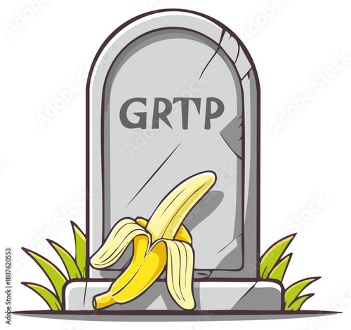 Funny grave with peeled banana symbolizing a humorous death or end