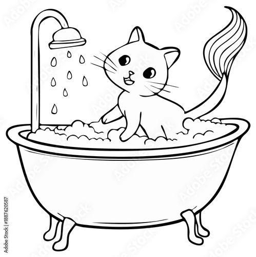 Cute cartoon kitten enjoying a bubble bath in a vintage clawfoot bathtub with a showerhead raining water