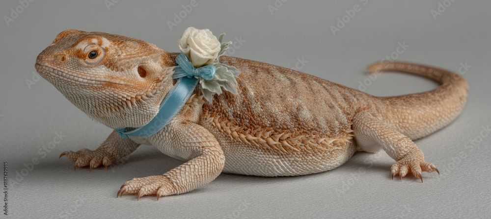 Fototapeta premium Bearded Dragon with Tiny Boutonniere on Off-White Backdrop