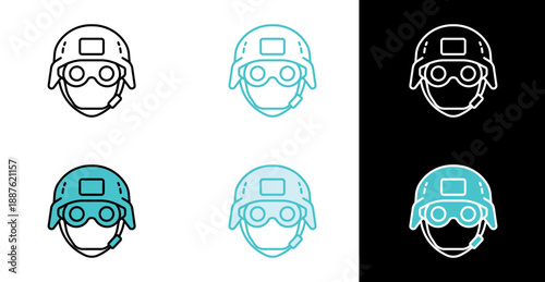 Tactical helmet with goggles and microphone icon for military and special forces in line and fill style