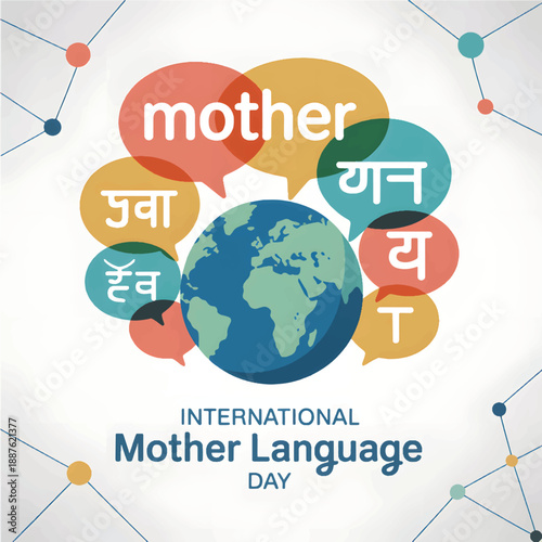 Colorful speech bubbles with different languages around a globe for International Mother's Day