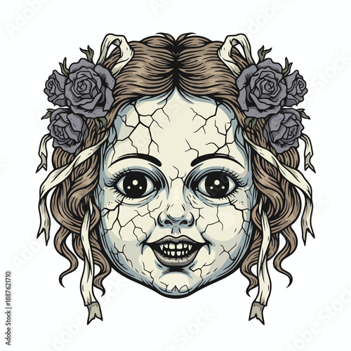 Creepy doll face with cracked skin and floral headband