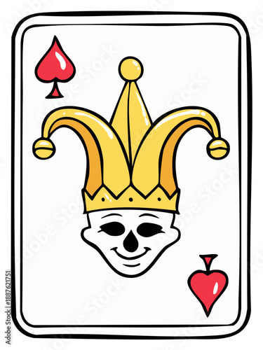 Playing card illustration of a mischievous skull joker wearing a classic jester hat