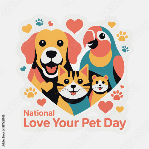 Colorful cartoon pets celebrating National Love Your Pet Day with hearts and paw prints parrot