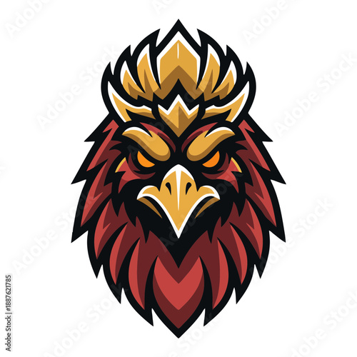 Fierce rooster head with sharp beak and intense gaze
