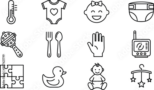 Black and White Baby Care Icons Featuring Hygiene, Clothing, Feeding, Toys, Monitoring, Development, and Infant Wellbeing