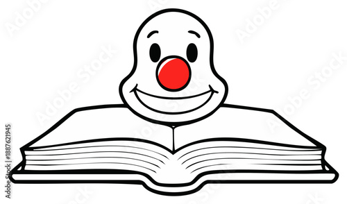 Cartoon character with red nose reading an open book education and learning concept illustration smiling