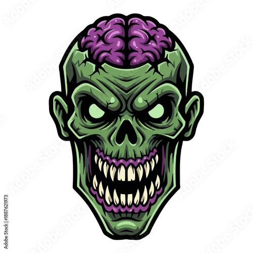 Spooky zombie head with exposed brain and sharp teeth