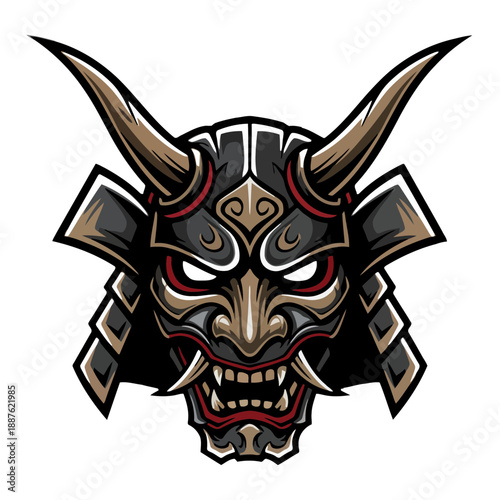 Stunning samurai mask with horns and sharp teeth