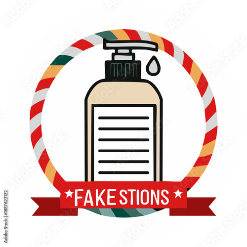 Soap dispenser graphic with drop and decorative emblem