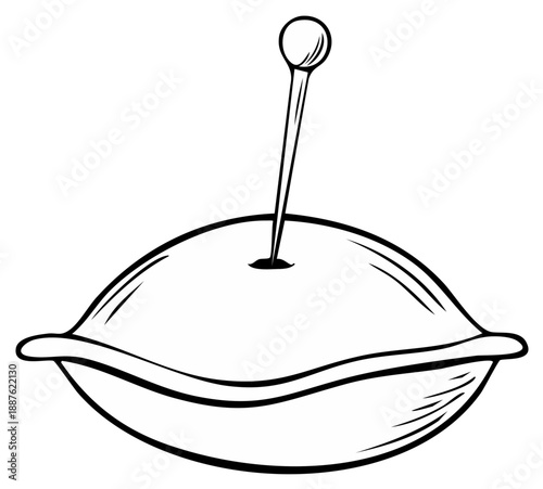 Black and white line art illustration of a classic sewing pincushion with a single pin