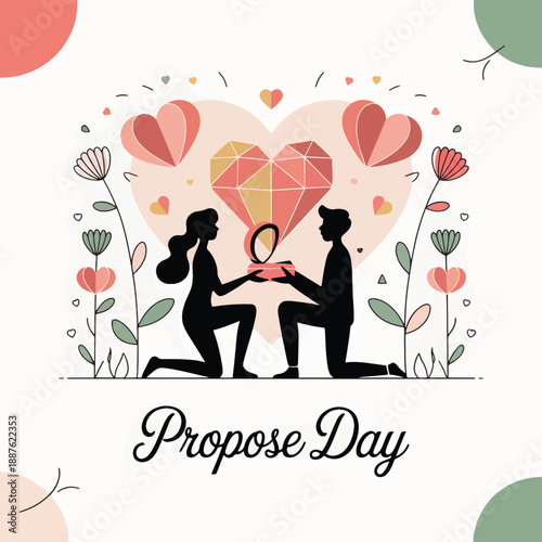Couple Proposing with Ring Surrounded by Hearts and Flowers propose day proposal engagement love
