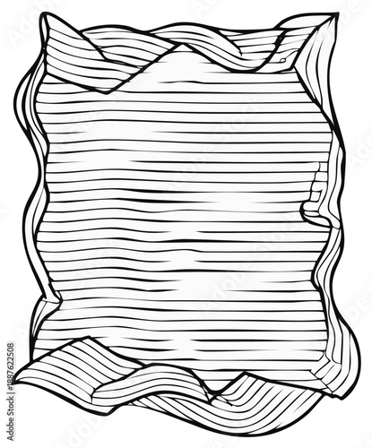 Wrinkled paper page illustration line art drawing. Empty letter with curled edges.