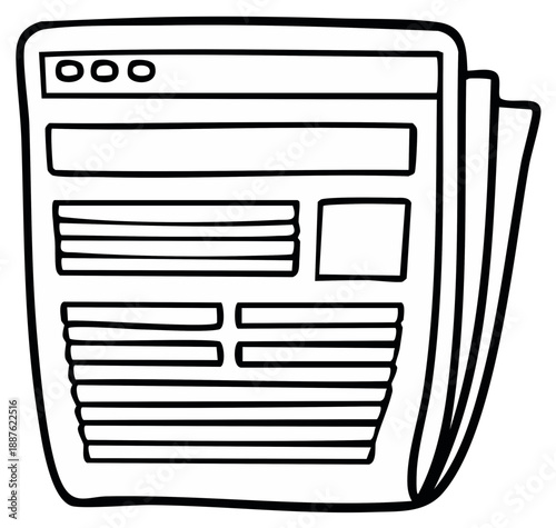 Hand-drawn illustration of a newspaper layout with headlines and text blocks