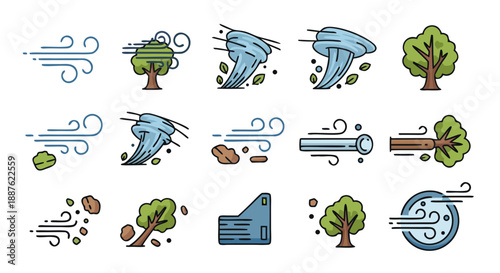 Collection of stylized weather icons illustrating wind damage tornado effects and natural disaster elements