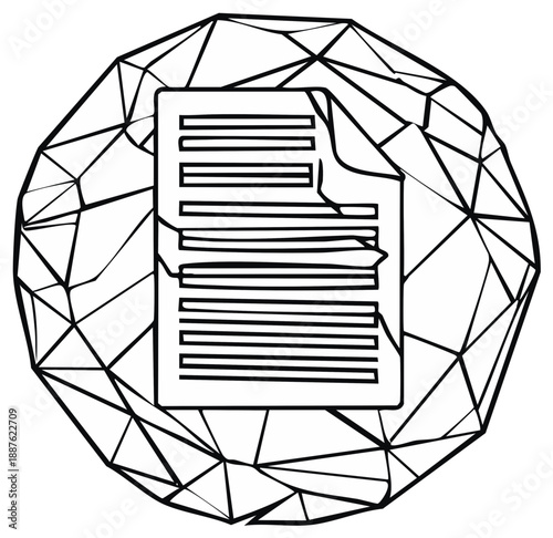 Abstract geometric sphere enclosing damaged crumpled document illustration