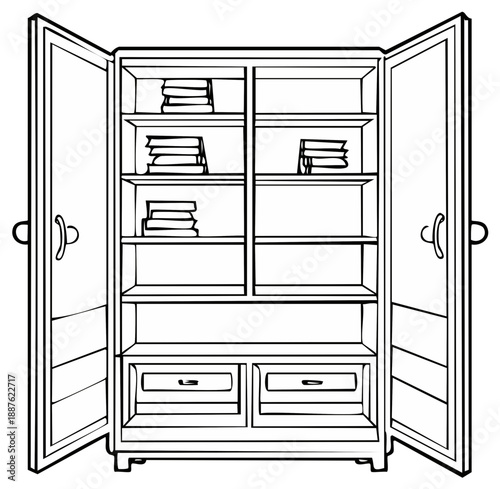 Outlined Wardrobe Closet with Open Doors and Shelves and Storage for Organizing Books