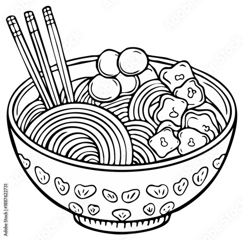 Outline Illustration of Asian Noodle Soup Bowl with Meatballs and Chopsticks
