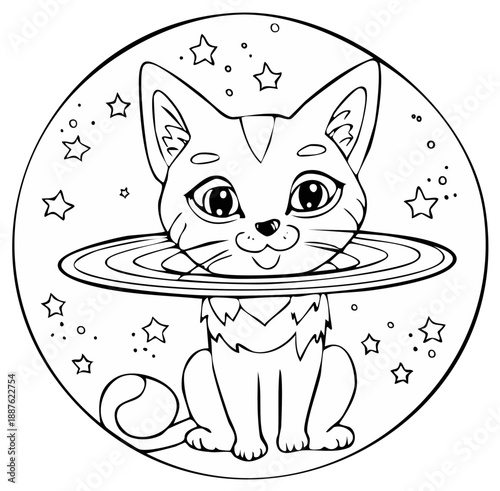 Cartoon Cat with Saturn Ring Collar Surrounded by Stars in Black and White Line Art