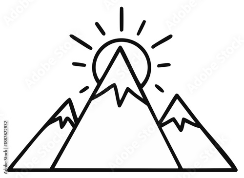 Minimalist line art of sun rising behind snow capped mountains