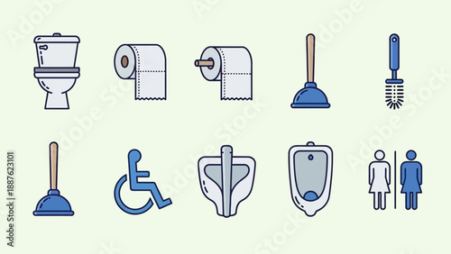 Bathroom Icons Set Toilet Paper Plunger Urinal Brush.