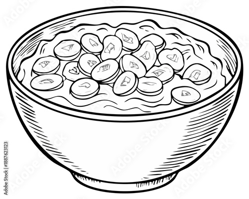 Illustration of a bowl of oats or porridge with sliced fruit on top.