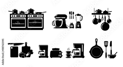 Kitchen appliances and utensils silhouette collection.