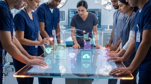 Medical professionals collaboratively working together around a digital interface, engaged in a discussion