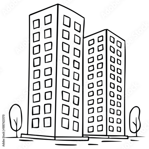 Black and white illustration of two tall buildings and trees