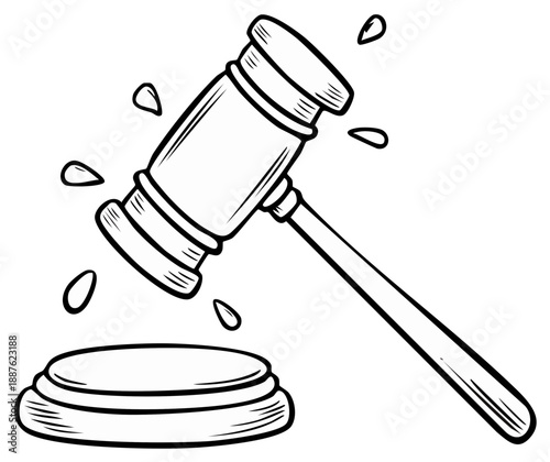 Cartoon judge's gavel striking sound block with impact lines for legal decisions