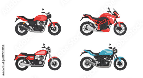 Collection of four distinct modern and classic motorcycle icons isolated on a white background