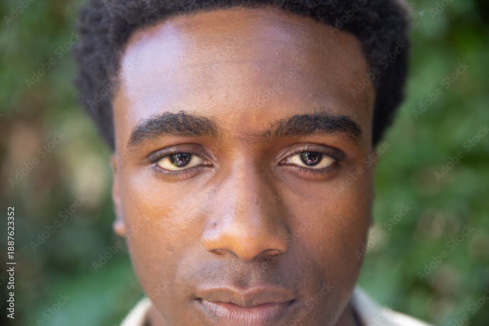 Obraz premium African american man posing for portrait shoot in park in collared shirt with foliage backdrop