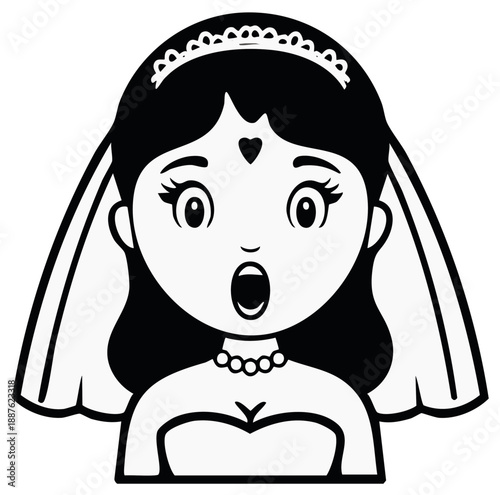 Shocked Bride Portrait, Black and White Illustration, Wedding Day