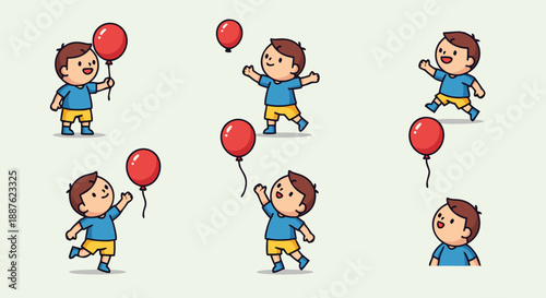 Collection of cute cartoon boy characters interacting with bright red balloons in various playful actions